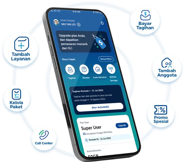 Tampilan aplikasi myXL: bayar tagihan, tambah layanan, kelola paket, dan promo spesial